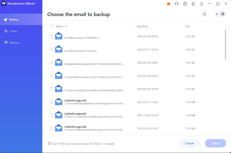 select outlook files to create a backup