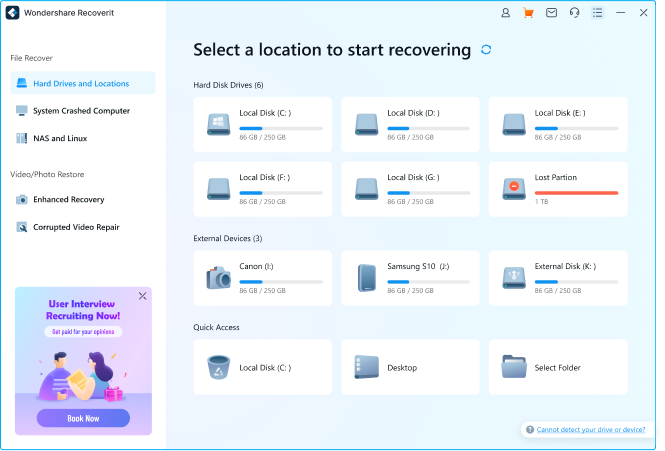 select a location to recover data